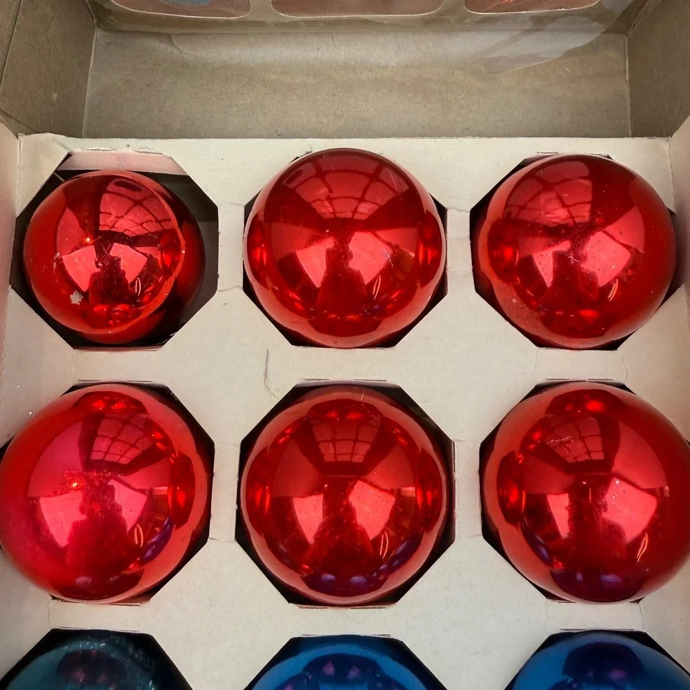 Vintage Holly Glass Christmas Ornaments Red Blue Set of 24 2.25